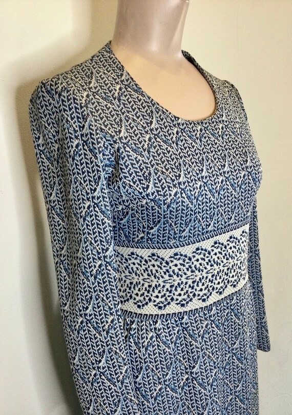 1970s Long Sleeve Maxi Dress by Tannel Blue & Whi… - image 3