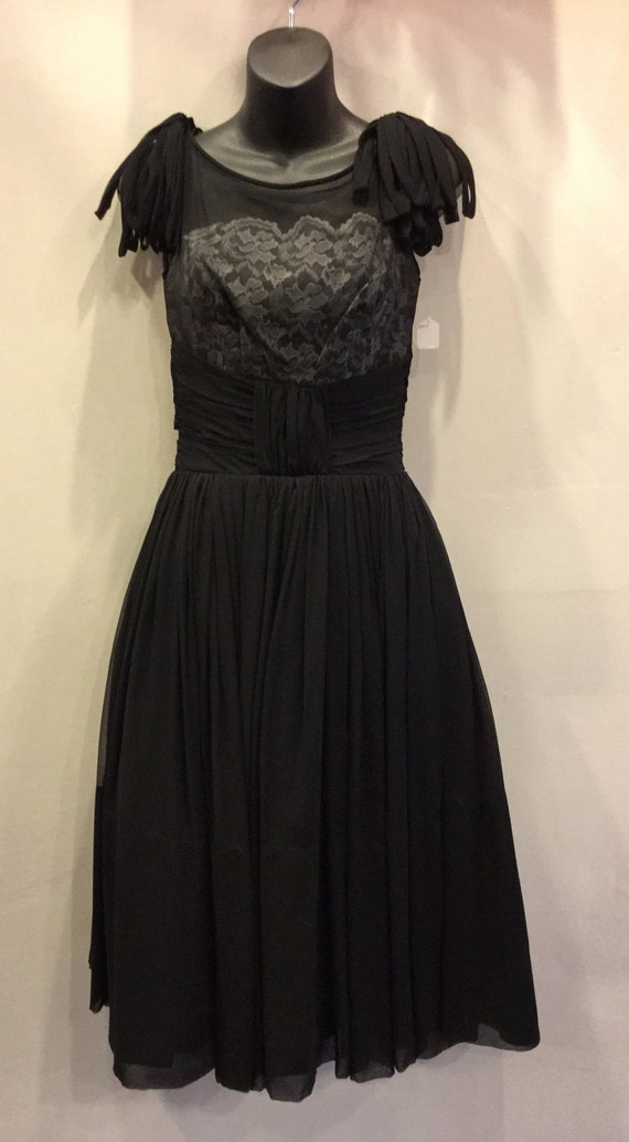 1950's Black Chiffon and White Lace Bodice Size S… - image 2