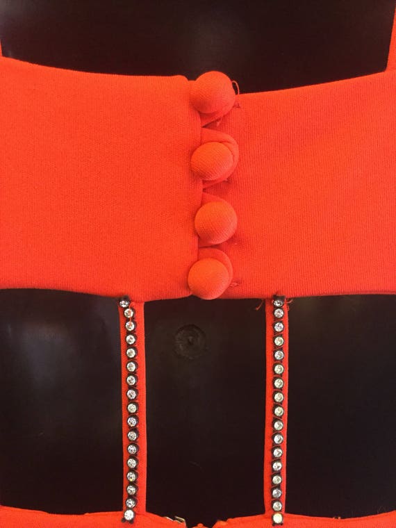 Gown Open Midriff 1980's Bright Orange Red with R… - image 6