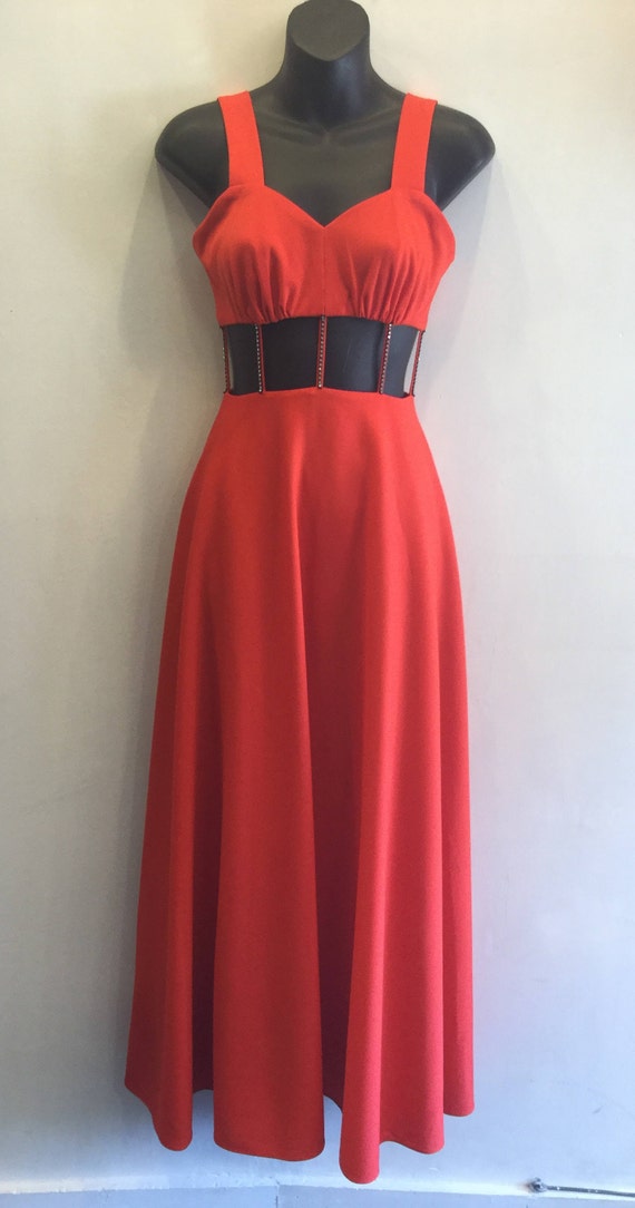 Gown Open Midriff 1980's Bright Orange Red with R… - image 1