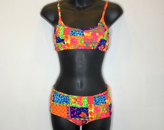 1960s Neon Day Glo Floral Print Two Piece Bikini … - image 1