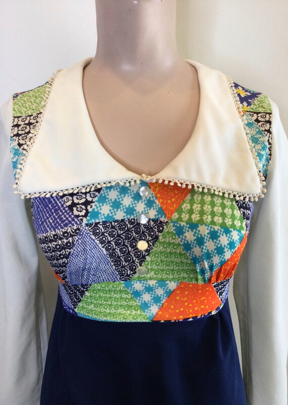1970s Multicolored Patchwork Pilgrim Collar Maxi … - image 3