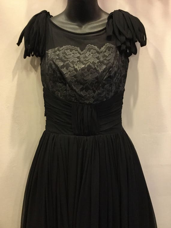 1950's Black Chiffon and White Lace Bodice Size S… - image 1