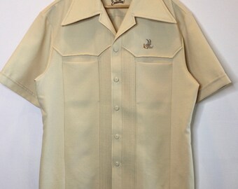 1970s Beige Button Down Polyester Camp 