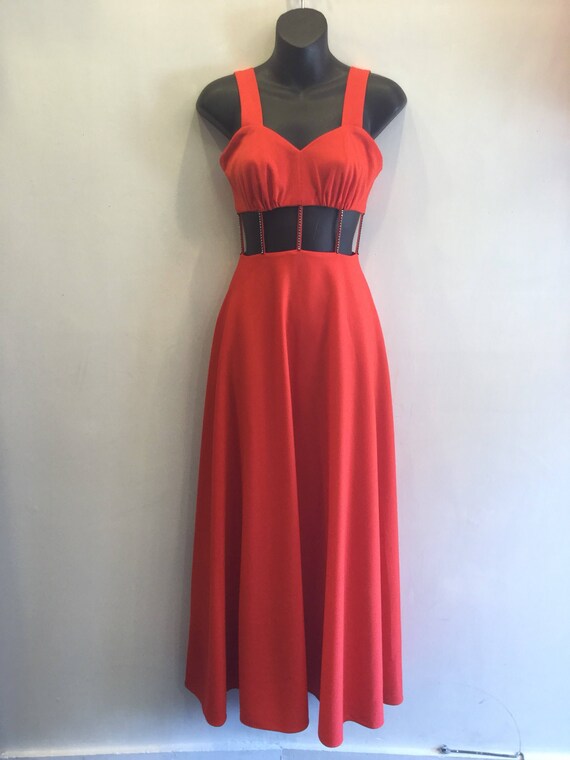 Gown Open Midriff 1980's Bright Orange Red with R… - image 10