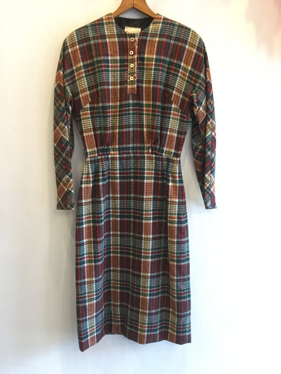 1950s Lovely Plaid Wool Dress With Hood-Hat, Made… - image 4