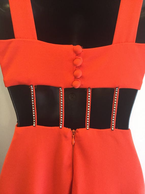Gown Open Midriff 1980's Bright Orange Red with R… - image 3