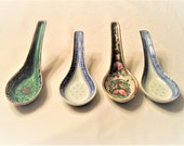 Asian Porcelain Soup Spoons Set of 4 Chinese Tableware 2 Blue and White 2 Multi Colored Spoons Asian Decor Gift
