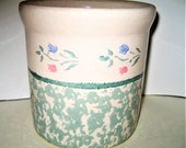 Hand Painted Pottery Crock, 1 1 4 Quart, Santa Ana California, Stenciled Folk Art, Butter Keeper, Bread Baker, Refrigerator Storage Jar