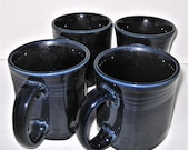 Set of 4 Cobalt Blue Fiesta Ware Coffee, Tea Mugs, Handles, Ridged Design Heavy Pottery Dishware, Navy Blue, 12 Ounce Capacity