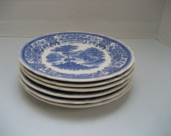 Set of 6 Villeroy & Boch Plates Blue White Transferware, Bread Dessert Dishes 7.5" German Countryside Scene Floral Border 1960's French Cafe