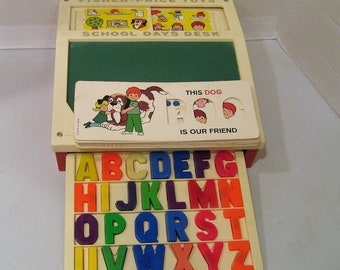 1972 Fisher Price School Days Play Desk Chalkboard  Magnetic Letter Stencils to Trace Child's Play and Learn Letters Drawing Chalk Fun