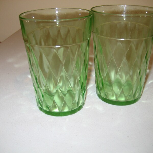 Green Uranium Vaseline Depression Glasses, Set 0f 2 1930's Vintage Anchor Hocking Glass, 4 1/4" Tall Vintage Glassware Gift