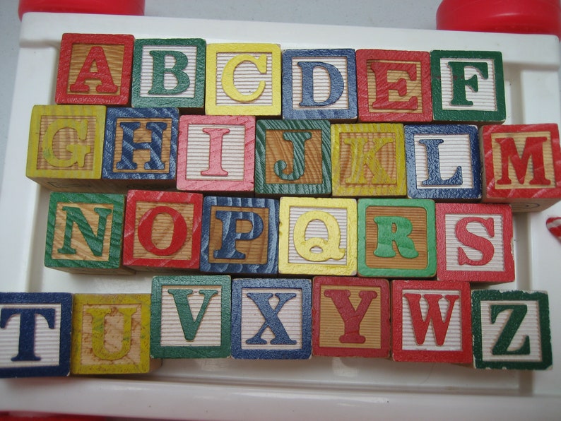 Vintage Alphabet Blocks in Pull Wagon Wide Red Striped String Colorful ...