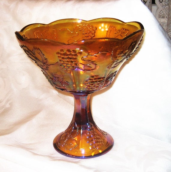 Items similar to Carnival Glass Pedestal Bowl Iridescent Orange