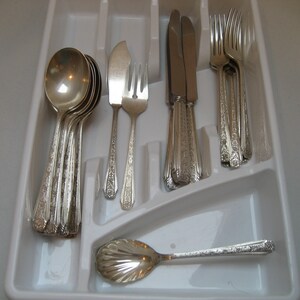 May include: A set of silverware in a white plastic tray. The silverware includes spoons, forks, and knives. The silverware is all silver in color and has an ornate design.