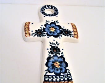 Boleslawiec Polish Pottery Cross, Unikat Signed Wall Art Handcrafted Stoneware, Poland Made Blue Floral Design, Brown Accents Religious Gift