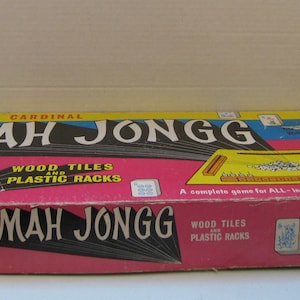 Vintage Mah Jongg Set By Cardinal Embossed Wood 166 Tiles 4 Red Plastic Trays Instructions 1960&#39;s Made In Brooklyn