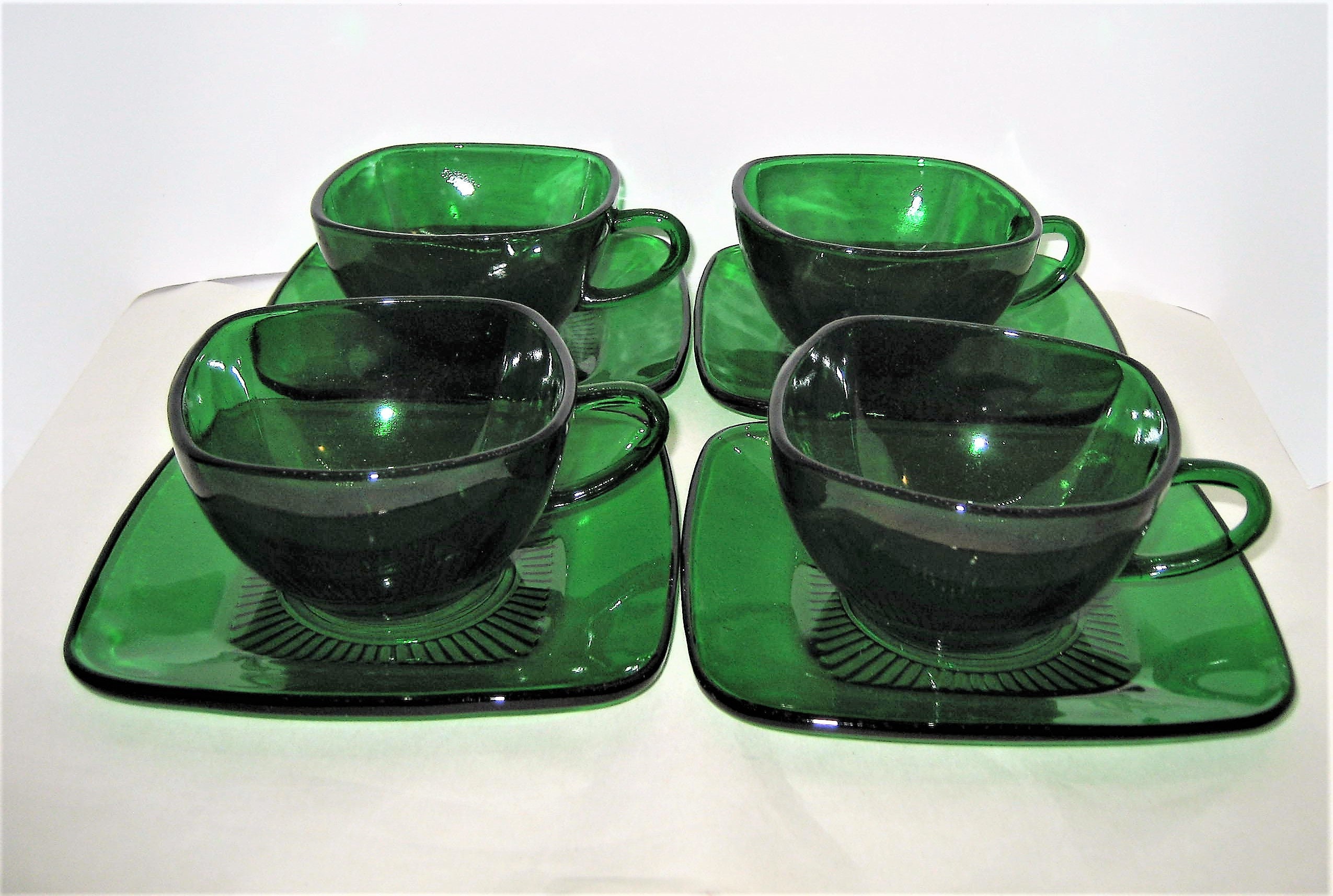 Forest Green Glass Cups & Saucers Set of 4 Charm Pattern Etsy