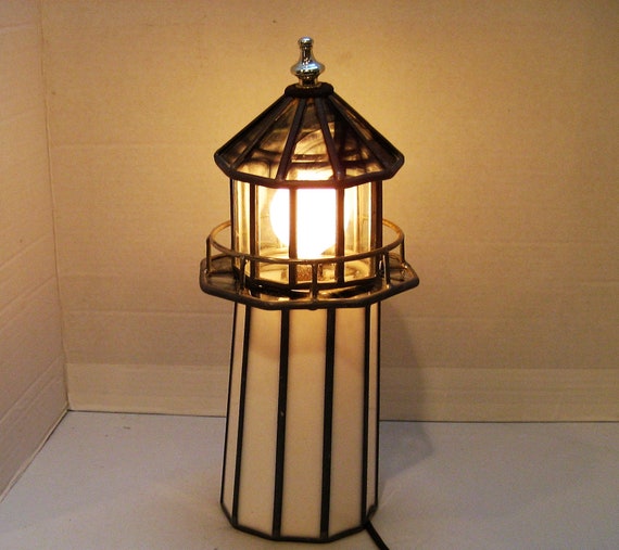 Stained Glass Lighthouse Lamp White And, Vintage Stained Glass Lighthouse Lamp