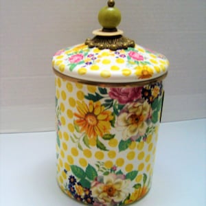 MacKenzie Childs BUTTERCUP Canister, 11" Tall Retired Rare Find, Czech Glass Bead Topped Lid, Made In Taiwan, Like New Condition Gift
