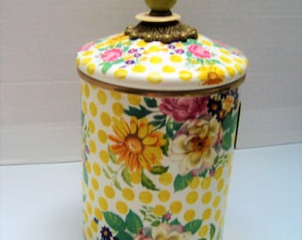 MacKenzie Childs BUTTERCUP Canister, 11" Tall Retired Rare Find, Czech Glass Bead Topped Lid, Made In Taiwan, Like New Condition Gift