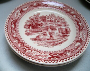 Set of 6 Red Transferware Salad, Dessert Plates Royal Ironstone Memory Lane Apple Picking Scene Bushels Of Apples Acorn Border Vtg 1960's