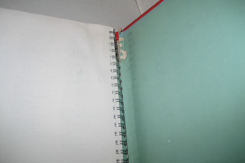 May include: A spiral-bound notebook with a red spine and a teal-colored cover. The notebook is open, revealing a white page on the left and a teal page on the right. The binding is made of silver metal.