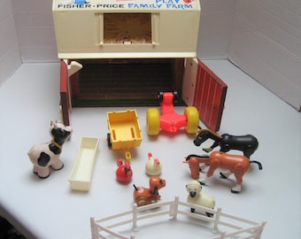1964 Fisher Price Farm # 915 Little People, 12 Pc Red Barn, Cow Horses Dog Sheep Chickens Fencing Water Trough, Tractor, Cart,  Moo Sound