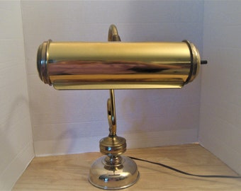 Vintage Brass Piano Lamp, Adustable Top Angle Shade, Writer's Desk Lamp, Banker's Table, Office Library Decor Gift, Switch On Top of Shade