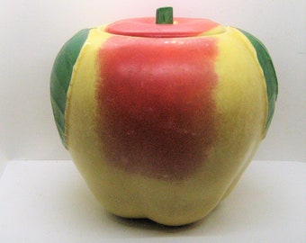 Hull Apple Cookie Jar, Blushing Large Apple, Red Yellow & Green Highlights, Lid with Green Stem, 1940's Ceramic Art Gift, Farmhouse Kitchen