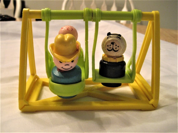 Fisher Price Little People School House Playground Swing Set 3 Little People Dog Cowboy Child Yellow Green Plastic Set Pretend Play School