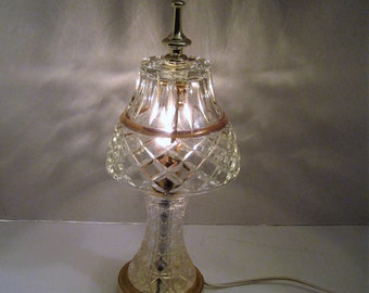 Crystal Boudoir Lamp Early American Pressed Glass Vintage Cut Glass Lamp & Shade Night Light Brass Accents Brass Base Soft Room Lighting