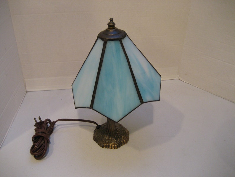 Small Stained Glass Lamp Zig Zag Opaque Light Blue Glass Shade Etsy