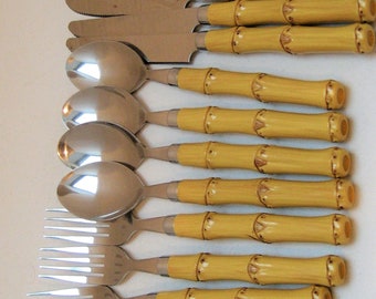 Bamboo Stainless Steel Silverware Bamboo Style Handled  12 Piece Set 4 Each Dinner Forks  Knives Spoons Service For 4