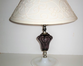 Rare Amethyst Glass Lamp, Milk Glass Receptacle Ring Dish Base,  White Textured Floral Crochet Pattern Shade