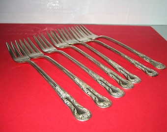 Set of 7 Gracious Silver-plated Forks, Vintage Art Deco Dessert Forks  3 Prong Scroll Design Handle Fancy Table Decor