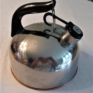 May include: A silver kettle with a black handle and a copper rim. The kettle has a shiny, reflective surface.