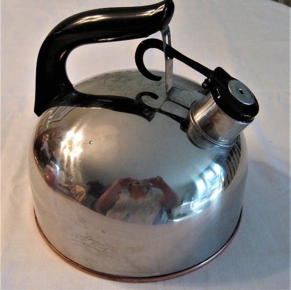 Revere Ware Stainless Steel Whistling Tea Kettle 1.5 Quart Made in Korea Signed Copper Bottom Curved Handle Atomic Kitchen Decor Etsy