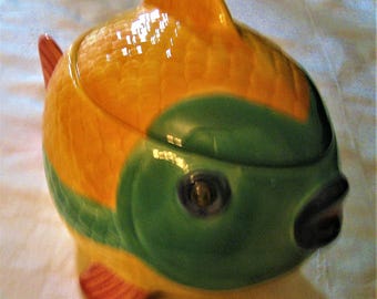 Metlox California Pottery Pescado RARE Fish Cookie Jar Vibrant Colors Yellow Orange Green Pink Blue Glazed Pottery Pre 1970's Metlox Jar