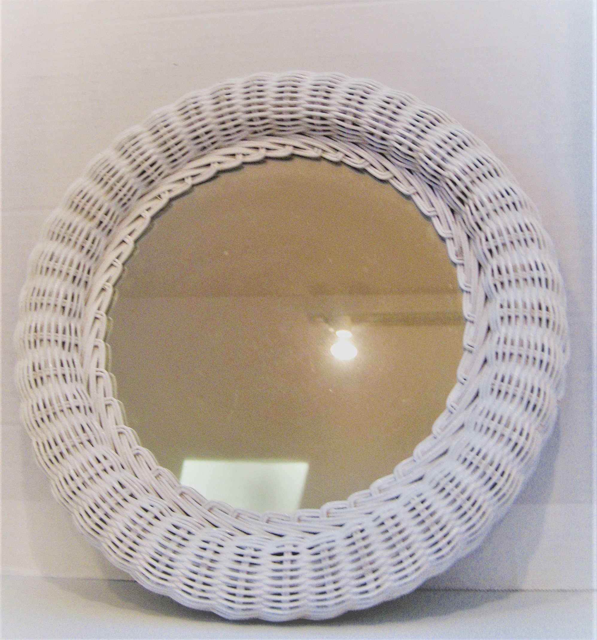Small Round White Wicker Mirror Wall Hanging Entry Way Etsy