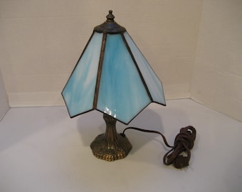 Small Stained Glass Lamp Zig Zag Opaque Light Blue Glass Shade Brass Base Night Light Room Ambiance Lighting Victorian Decor