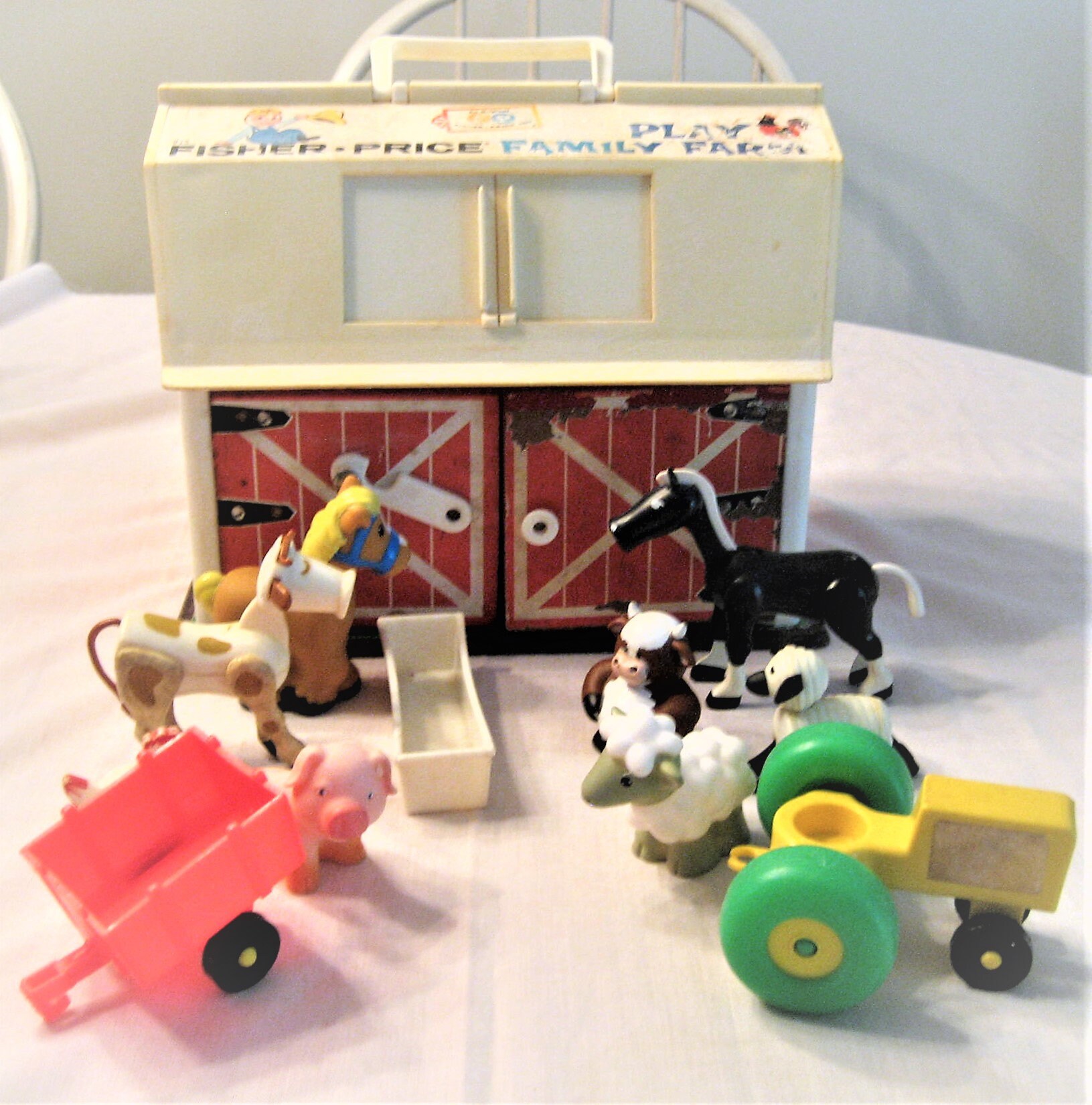 1960 S Fisher Price 915 Little People Family Farm 7 Piece Barn Set Animals Water Trough Tractor Cart Moo Sound When Door Opens
