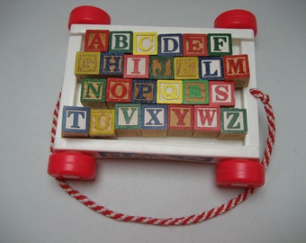 Vintage Alphabet Blocks In Pull Wagon Wide Red Striped String Colorful 1" A-Z Preschool Activity Name Letters Stack Blocks Learning Tool