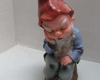 Vintage Heissner Gnome, 12.5" Tall Heavy 4 Pound Lawn Gnome, Ornamental Garden Decor, Resin Figure, Colorful Red, Blue, Gray, Brown, 1950's