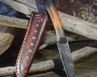 Prairiewind Handmade Knife, Hand Tooled Leather Belt Sheath, Custom Forged Knife, Bushcraft, Cowboy, Rustic Western Art, Unique Gift