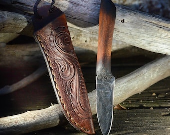 Small Handmade Neck Knife, Tooled Leather Sheath, Custom Forged Knife, Bushcraft, Cowboy, Rustic Western Art, Unique Gift