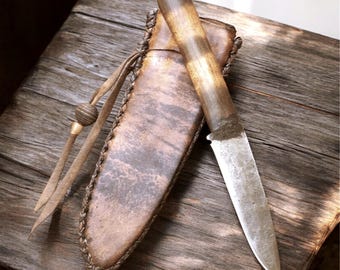 Hand Forged Mountain Man Knife: Frontier Style Sheath, Bushcraft Style, Rustic Craftsmanship