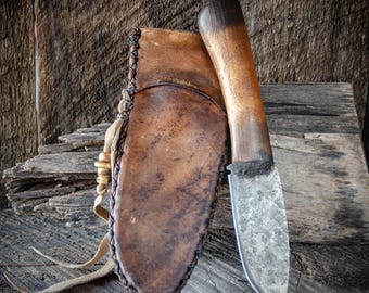 Hand Forged Mountain Man Knife: Frontier Style Sheath, Bushcraft Style, Rustic Craftsmanship