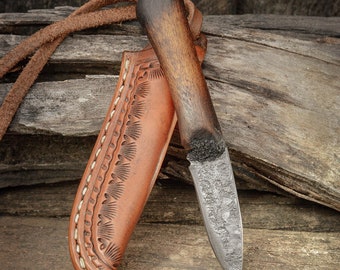 Prairiewind Handmade Neck Knife, Oil tanned Leather Sheath, Custom Forged Knife, Bushcraft, Cowboy, Rustic Western Art, Unique Gift